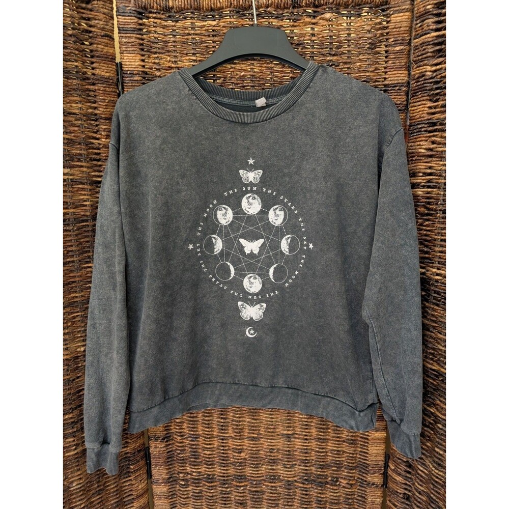 Asos Sweatshirt Size 10 XL Gray Celestial Hippie Moon Stars Mystical Moon Phase